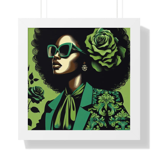 Framed Vertical Poster of Stylish Afro Woman, Vintage Decor, Damask Wall Art, Green Art Print, Elegant Home Decor - Lady In Green Damask