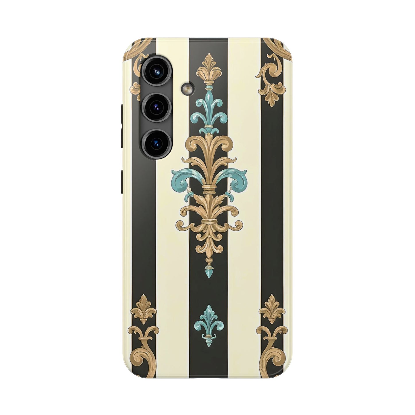Elegant Vintage Tough Phone Cases, Stylish Phone Accessories, Quality Protection, Gifts for Her - Black Striped Turquoise & Black Rococo