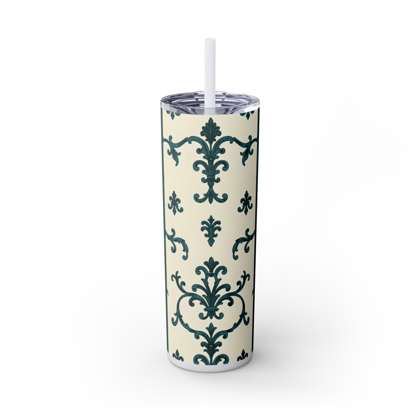 Elegant Floral Skinny Tumbler, 20oz - Stylish Travel Mug for Home, Coffee Lover Gift, Eco-Friendly Drinkware, Party Favor - Teal Striped Rococo