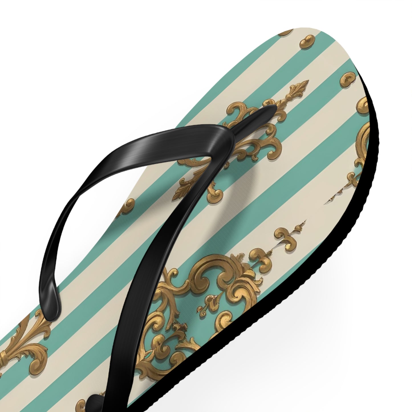 Chic Floral Flip Flops - Summer Sandals, Beach Footwear, Vacation Ready, Boho Style, Gift for Her - Matte Green Striped Rococo