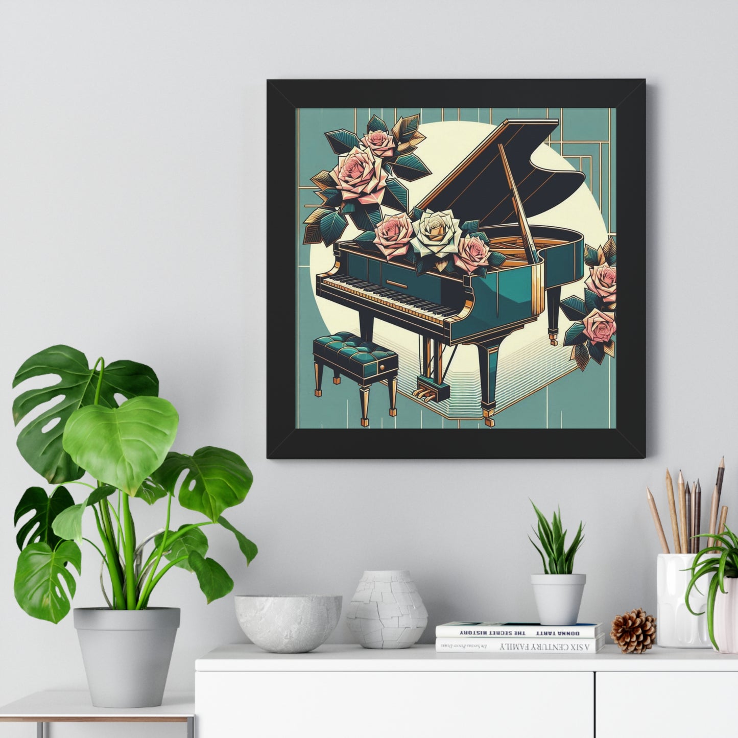 Vertical Poster - Teal Grand Piano & Roses Wall Art