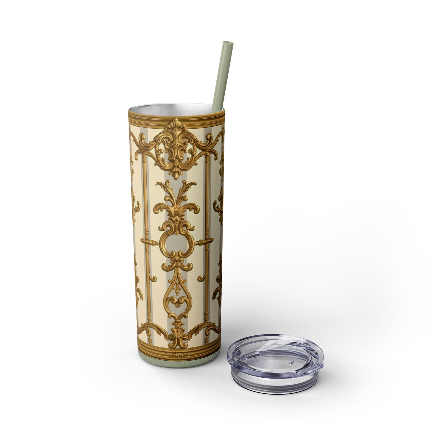 Elegant Vintage Skinny Tumbler with Straw, 20oz - Golden Baroque Design for Weddings, Parties - Matte Gray & Cream Striped Gold Baroque