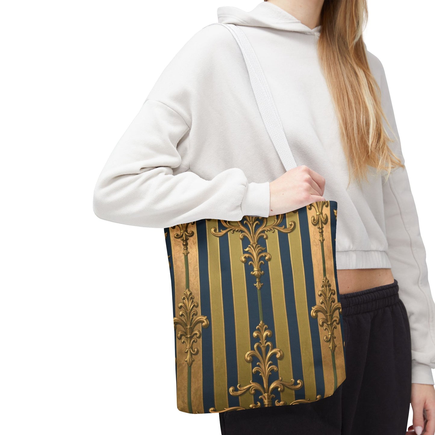 Elegant Midnight Blue & Olive Striped Gold Baroque Golden Striped Tote Bag, Stylish Shopping Bag, Trendy Handbag, Chic Gift for Her