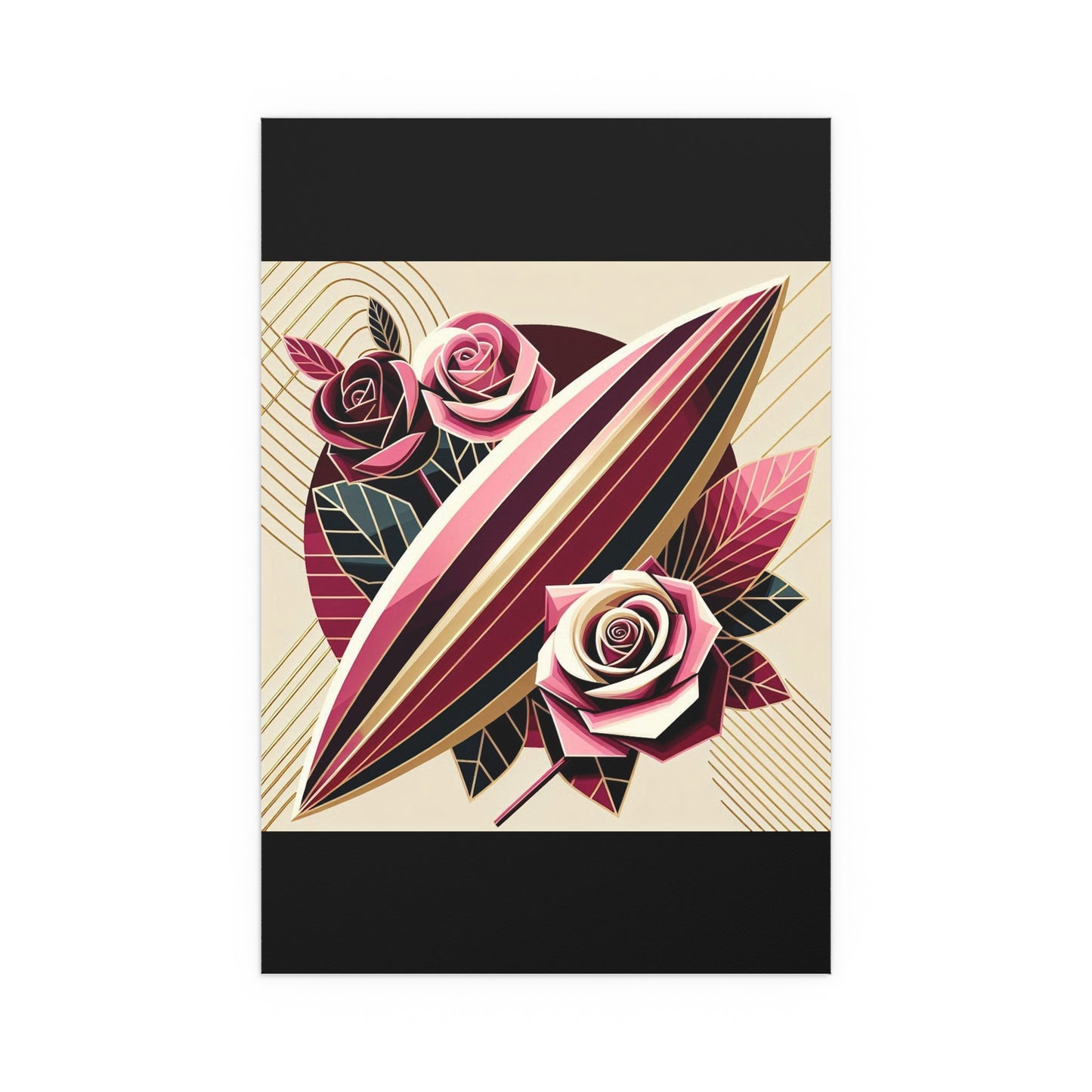 Elegant Floral Silk Poster - Indoor/Outdoor Wall Art for Home Decor - Pink & Burgundy Striped Surfboard & Roses