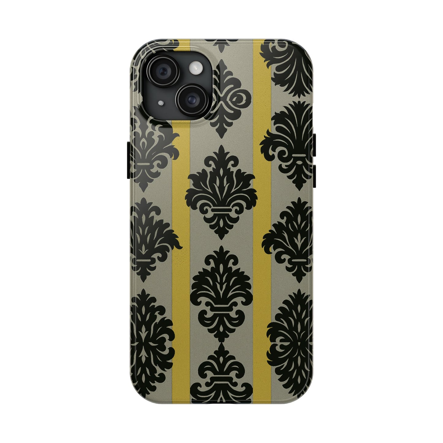 Elegant Baroque Tough Phone Cases | Chic Phone Protection | Gift for Her | Stylish Accessory | Holiday Gift Idea | Silver & Gold Striped Black Baroque