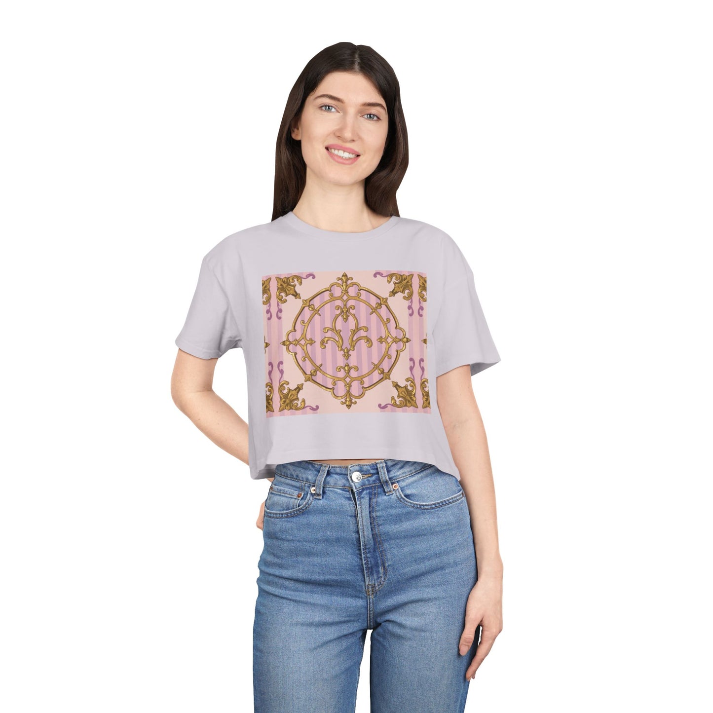 Chic Women's Crop Tee with Elegant Lavender & Alabaster Striped Gold Baroque Print - Perfect for Fashionistas, Festivals, Gifts, Summer Wear