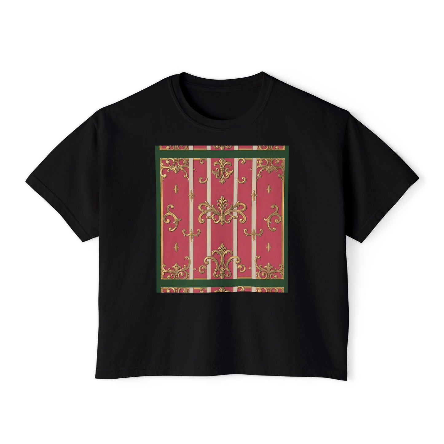 Women's Boxy Tee with Elegant Green Border Pink Striped Baroque Design, Casual Summer Top, Gift for Her, Trendy T-Shirt, Stylish Everyday Wear