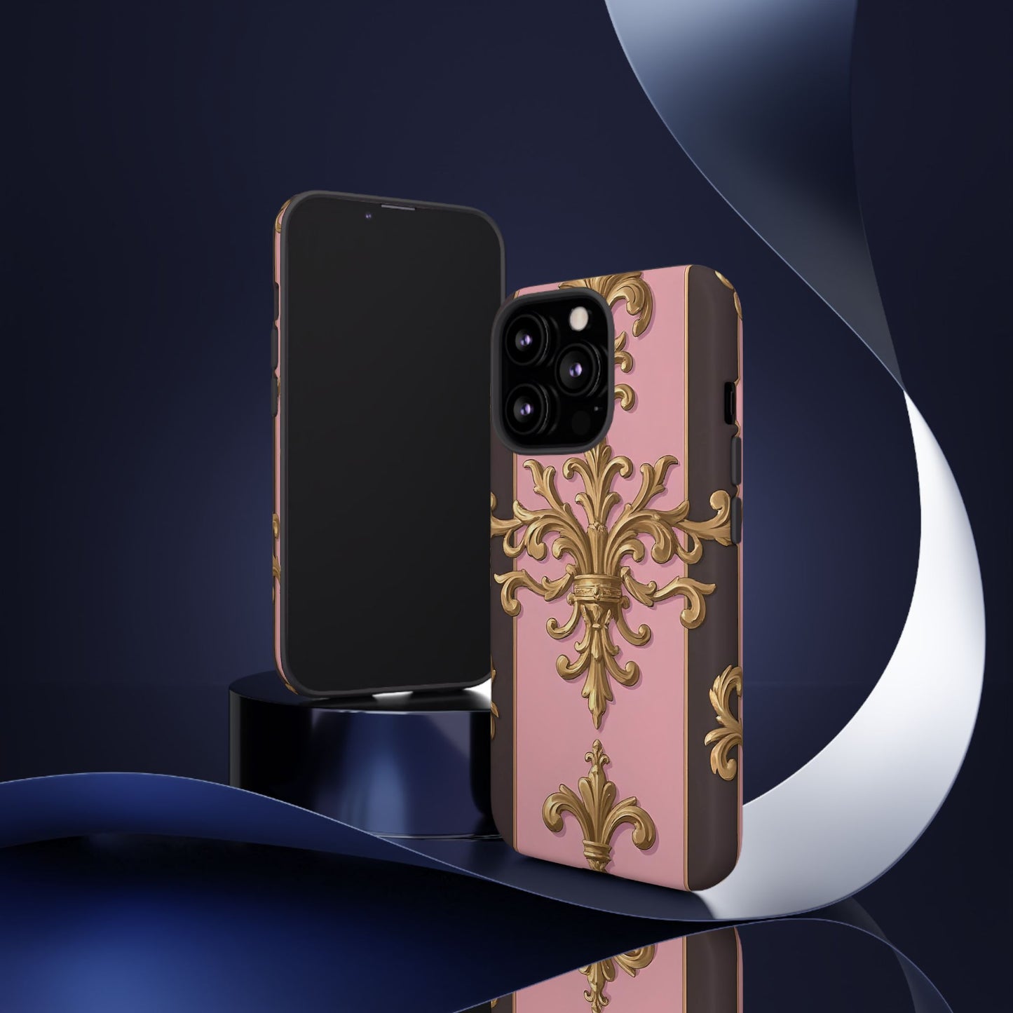 Elegant Floral Motif Phone Case - Tough Cases with Vintage Design - Pink & Brown Striped Gold Damask