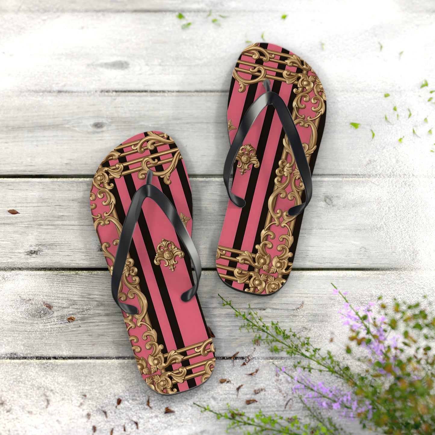 Chic Flip Flops, Stylish Summer Sandals, Beachwear, Poolside Accessories, Vacation Footwear, Trendy Casual Shoes - Pink Striped Gold Rococo