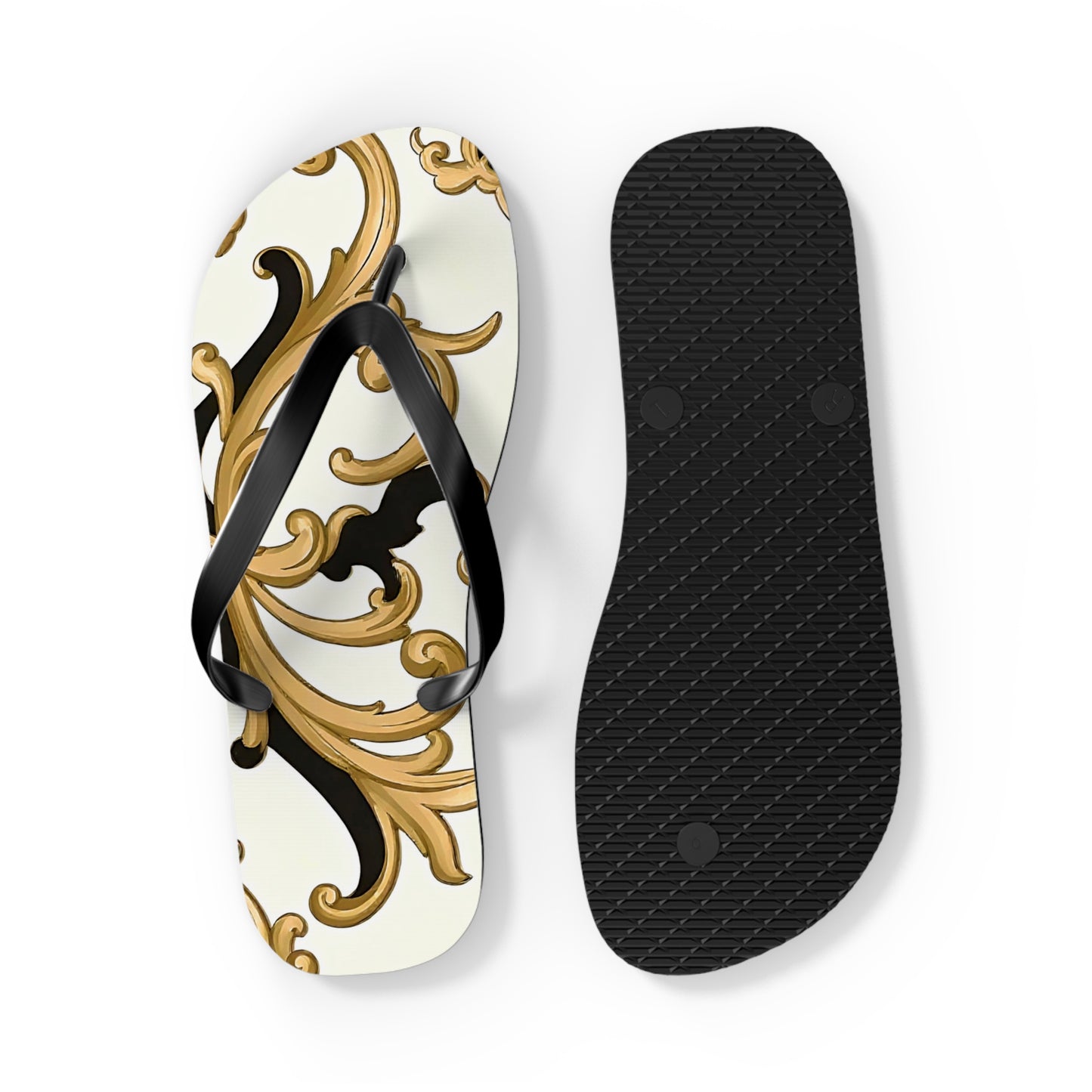 Elegant Floral Flip Flops, Beach Sandals, Summer Casual Footwear, Vacation Essentials, Poolside Accessories, Gift for Her - Black & Gold Rococo