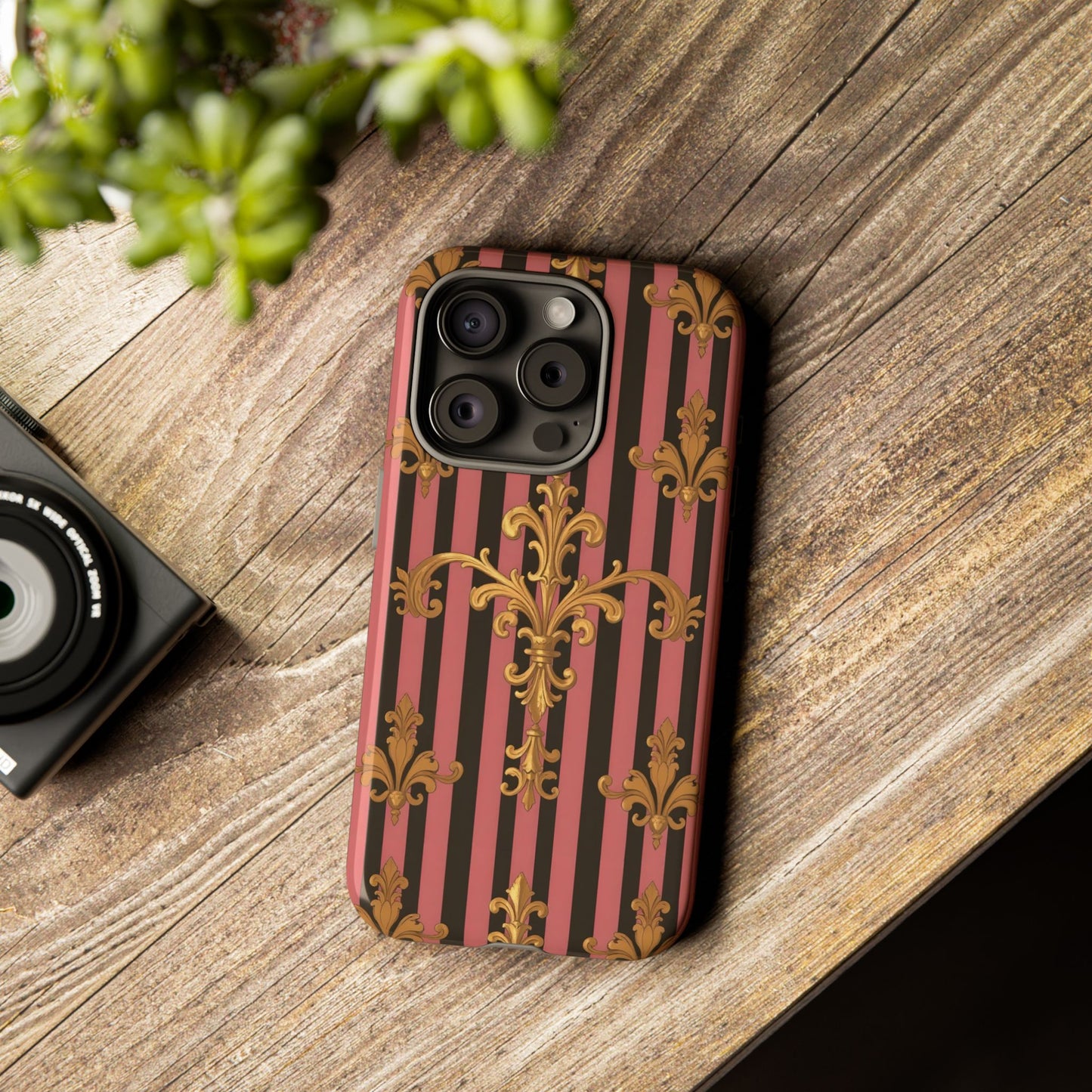 Elegant Floral Motif Phone Case - Tough Cases with Vintage Design - Mauve Striped Gold Damask