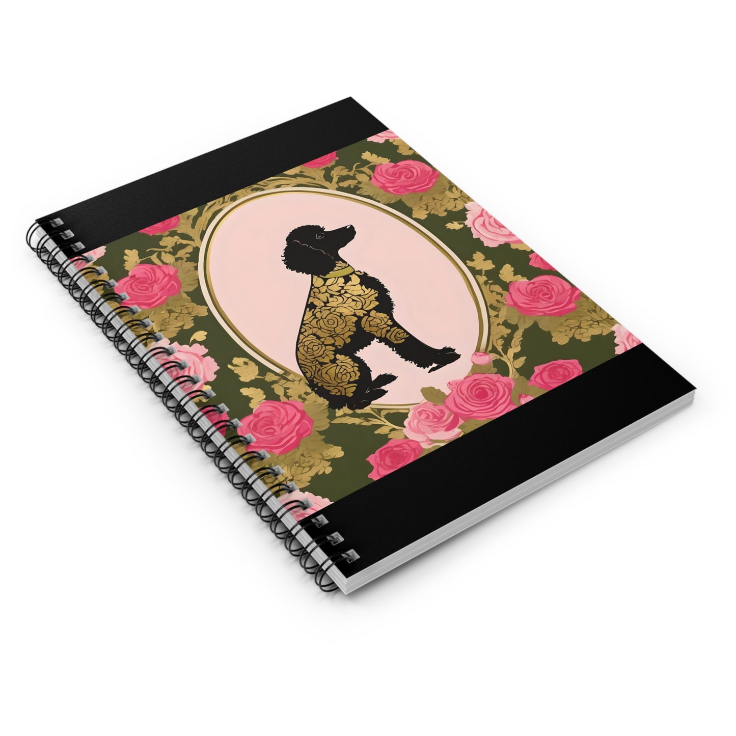 Elegant Vintage Spiral Notebook - Ruled Line with Damask Black & Gold Poodle in Olive & Pink Roses