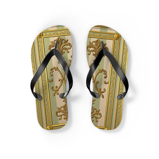 Elegant Floral Flip Flops for Summer, Beach Footwear, Stylish Sandals, Vacation Essentials, Outdoor Slip-On Shoes - Mint & Beige Striped Gold Baroque