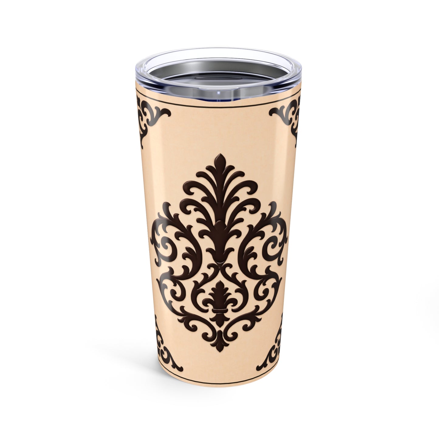 Almond-Beige & Brown Baroque 20oz Tumbler with Elegant Brown Baroque Pattern – Insulated Travel Cup