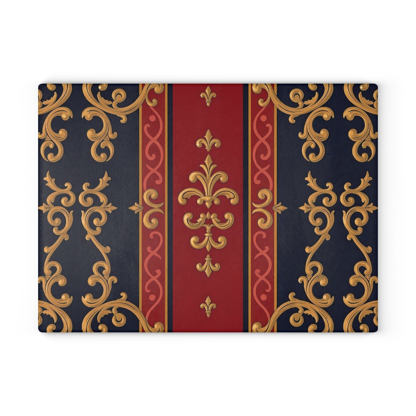 Elegant Ornate Glass Cutting Board, Kitchen Decor, Elegant Serving Tray, Housewarming Gift, Gourmet Cooking Essential - Midnight Blue & Dusk Red Gold Baroque