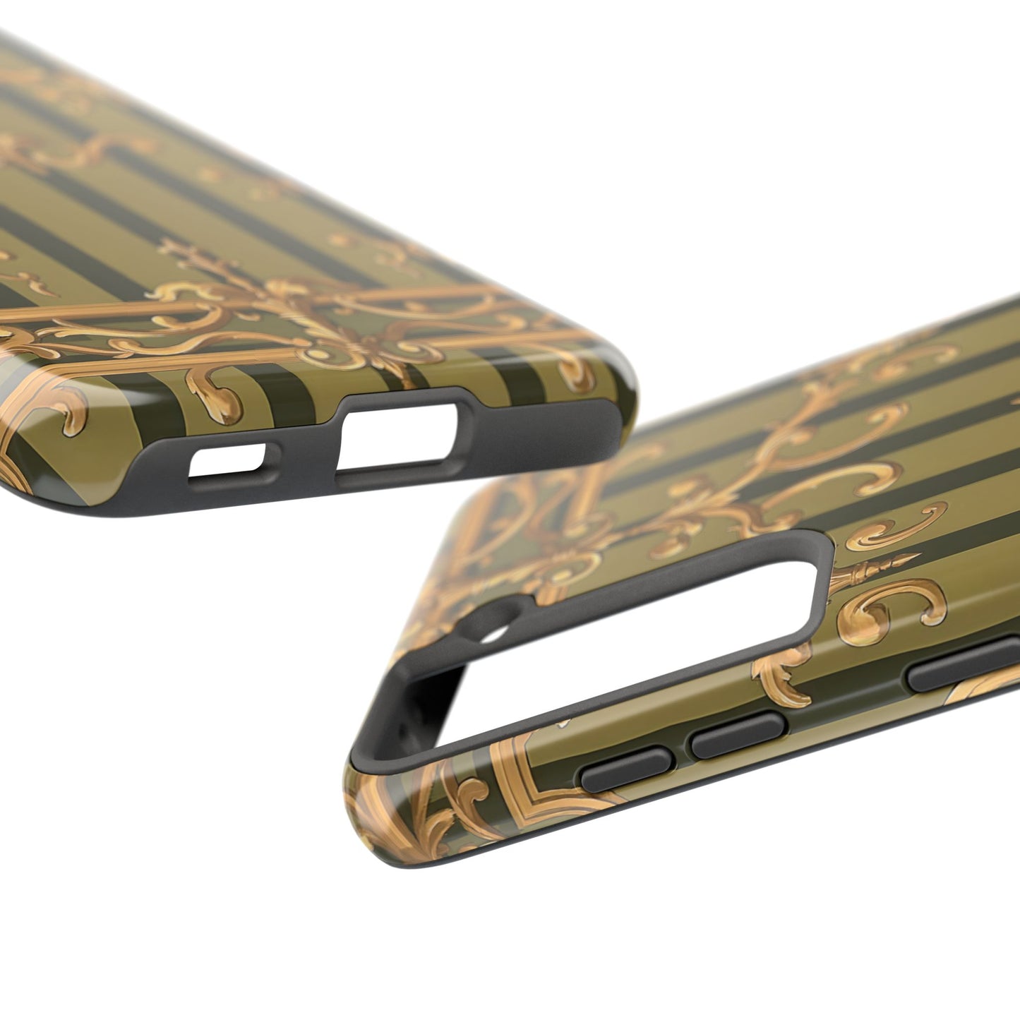 Elegant Vintage Phone Case - Tough Protection with Classy Design, Stylish Phone Cover for Fashion Lovers - Olive Green Striped Rococo