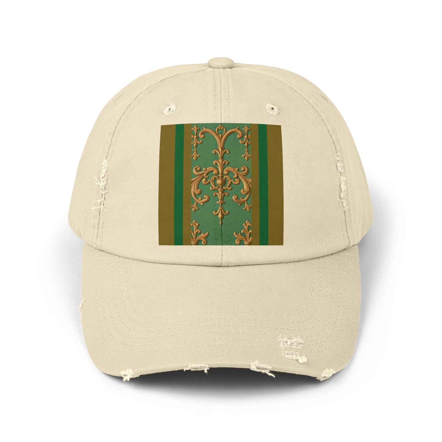 Stylish Unisex Distressed Cap with Unique Floral Design, Trending Accessory for Men and Women - Olive Green Striped Rococo