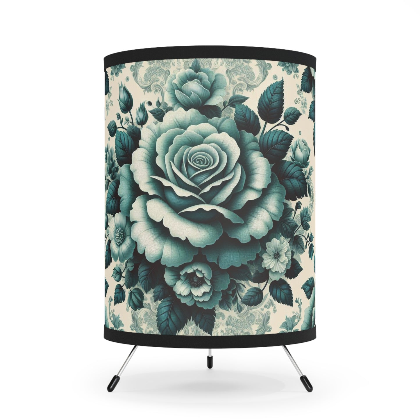 Elegant Tripod Lamp with Vintage Floral Print Shade - High-Res Home Accent - Teal Roses & Damask