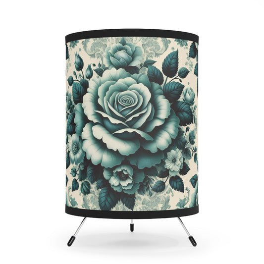 Elegant Tripod Lamp with Vintage Floral Print Shade - High-Res Home Accent - Teal Roses & Damask