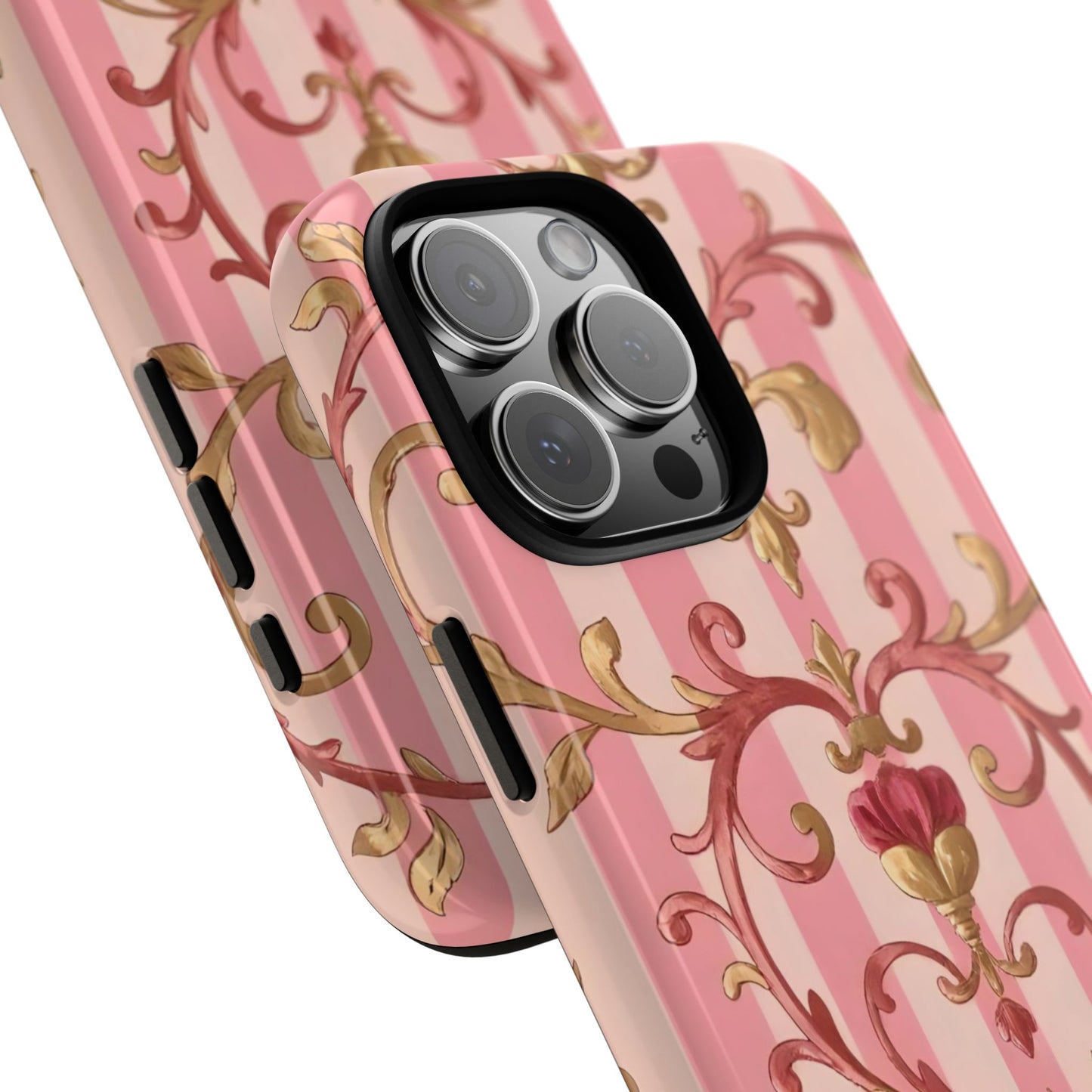 Elegant Floral Motif Phone Case - Tough Cases with Vintage Design - Pink Striped Rose Gold Damask