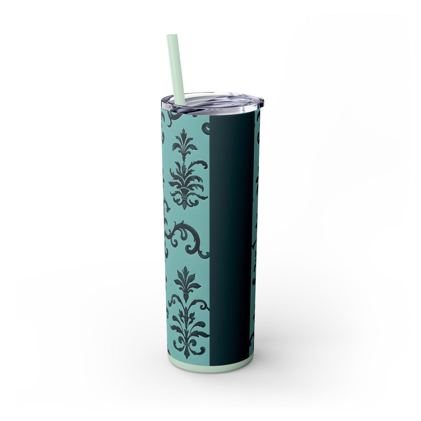 Elegant Floral Skinny Tumbler with Straw, 20oz, Personalized Drinkware, Stylish Travel Mug, Great Gift for Her - Teal Striped Rococo