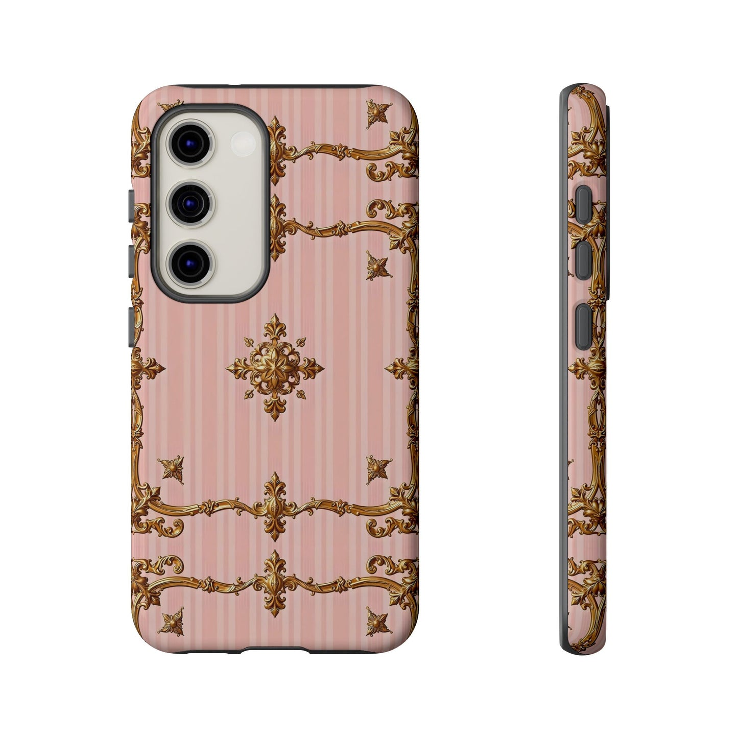 Elegant Floral Phone Case, Tough Cases for Women, Trendy Phone Cover, Chic Gift - Pink Striped Gold Baroque