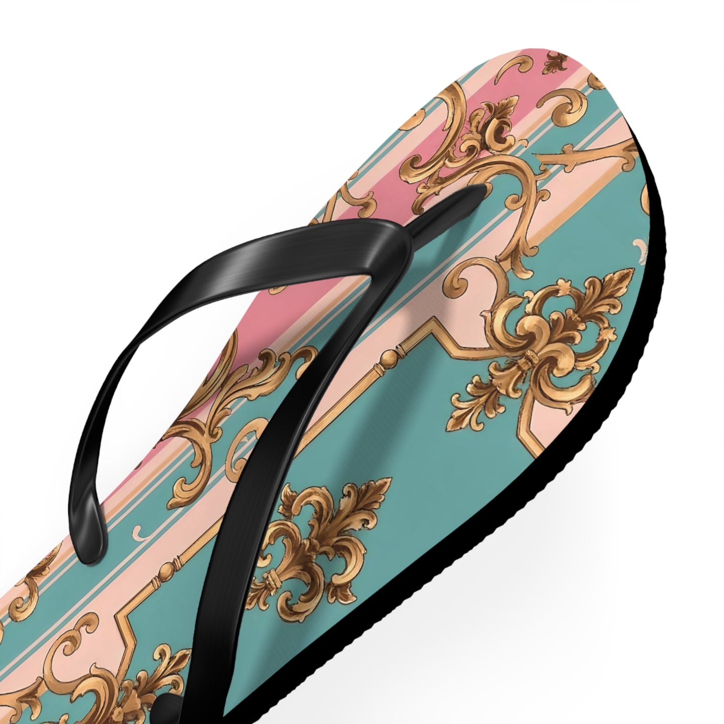 Stylish Flip Flops: Vintage Elegance for Summer Fun, Beachwear, Poolside, Vacation Essentials, Gift for Her - Pink & Matte Turquoise Striped Rococo