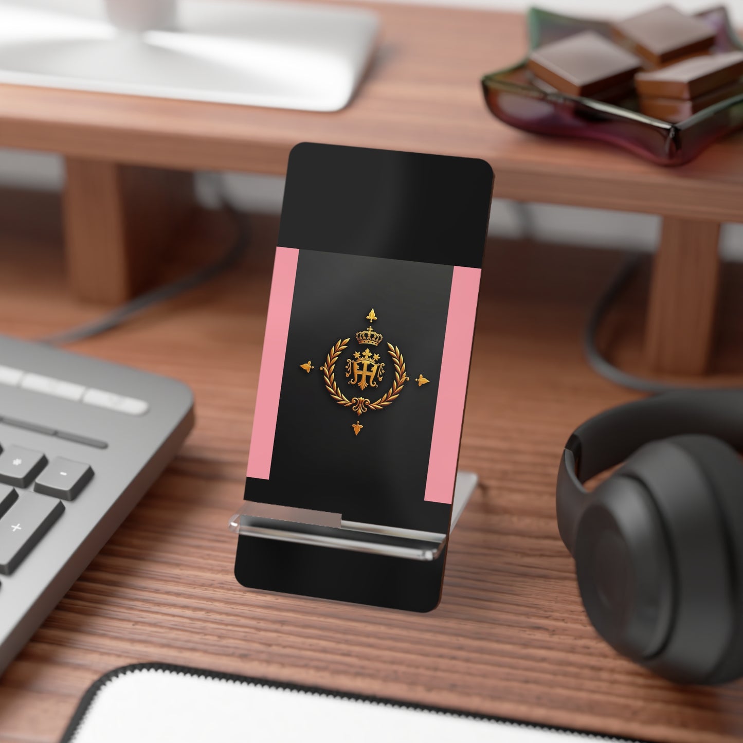 Elegant Mobile Display Stand for Smartphones, Stylish Phone Holder, Gifts for Tech Lovers - Pink Striped Gold Crest