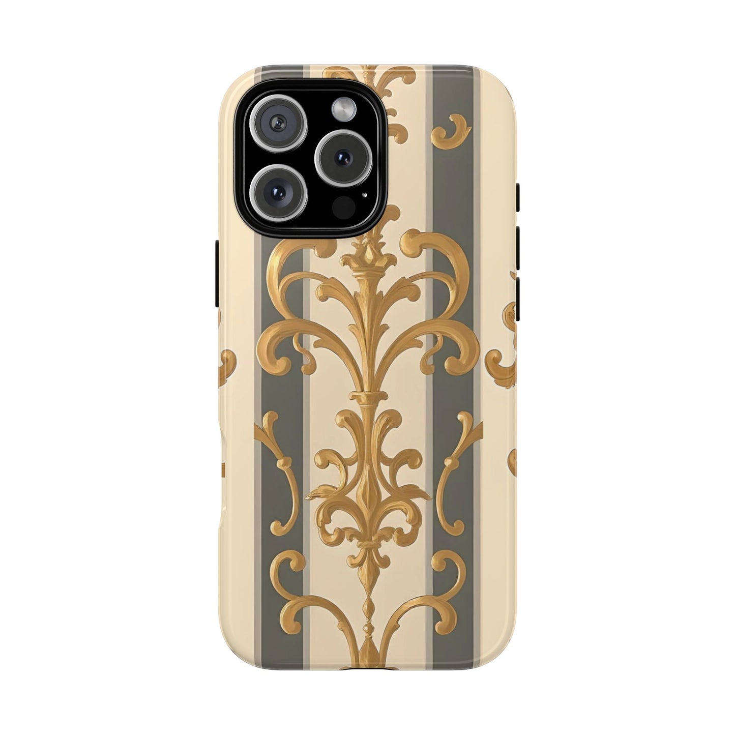 Elegant Floral Motif Phone Case - Tough Cases with Vintage Design - Dusk Olive Striped Gold Damask