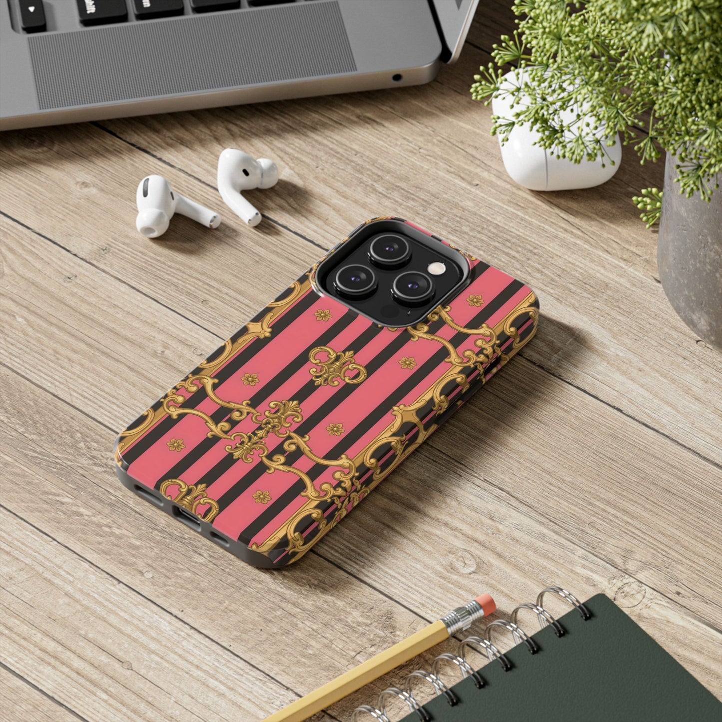 Elegant Baroque Tough Phone Cases, Stylish Protection, Gift for Her, Trendy Accessory - Pink & Black Striped Gold Baroque
