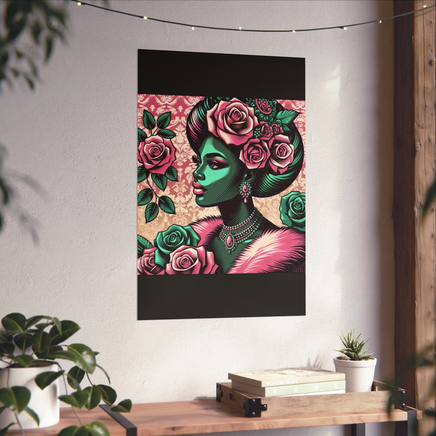 Floral Afro Art Poster - Elegant Matte Vertical Wall Decor - Emerald Green Lady With Damask & Roses