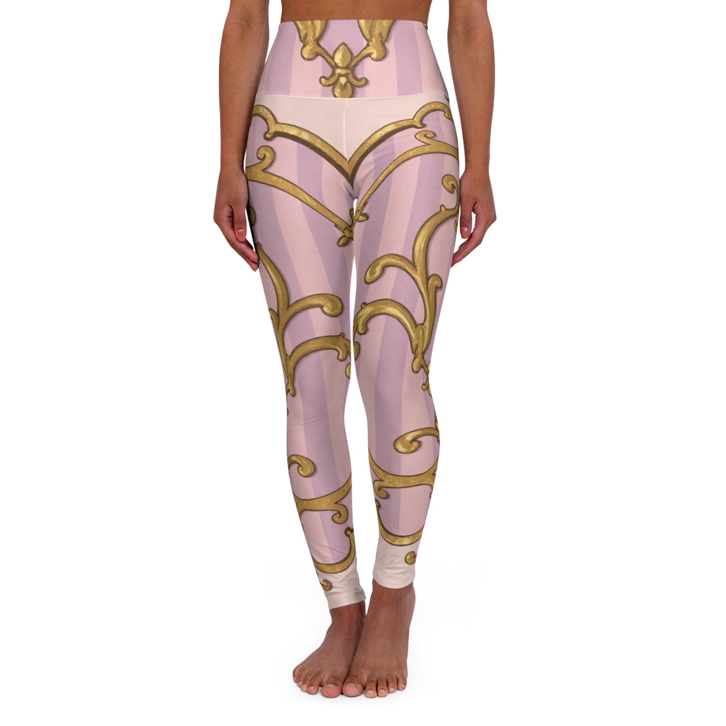 Elegant Lavender & Alabaster Striped Gold Baroque High Waisted Yoga Leggings, Workout Leggings, Fitness Wear, Athleisure, Gift for Her