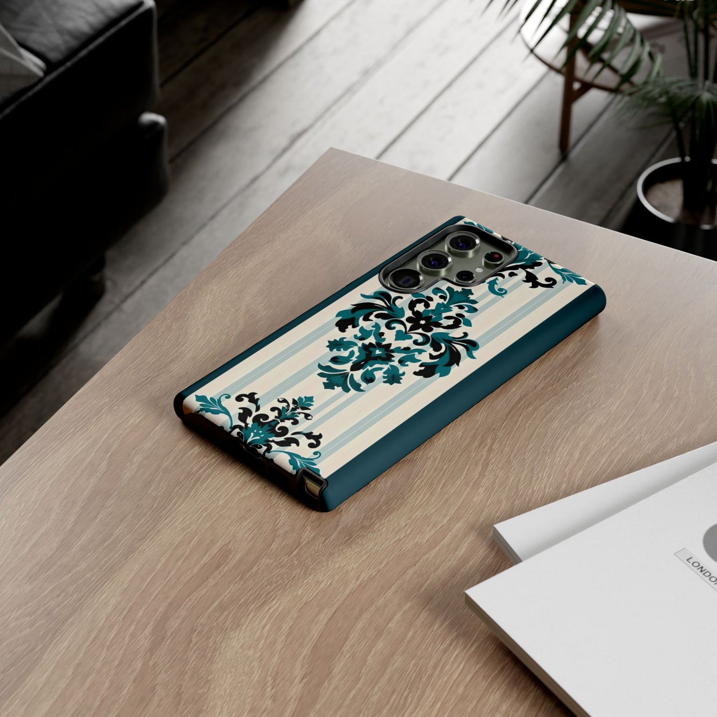 Elegant Floral Phone Case - Tough Cases with Vintage Design - Teal Striped Damask