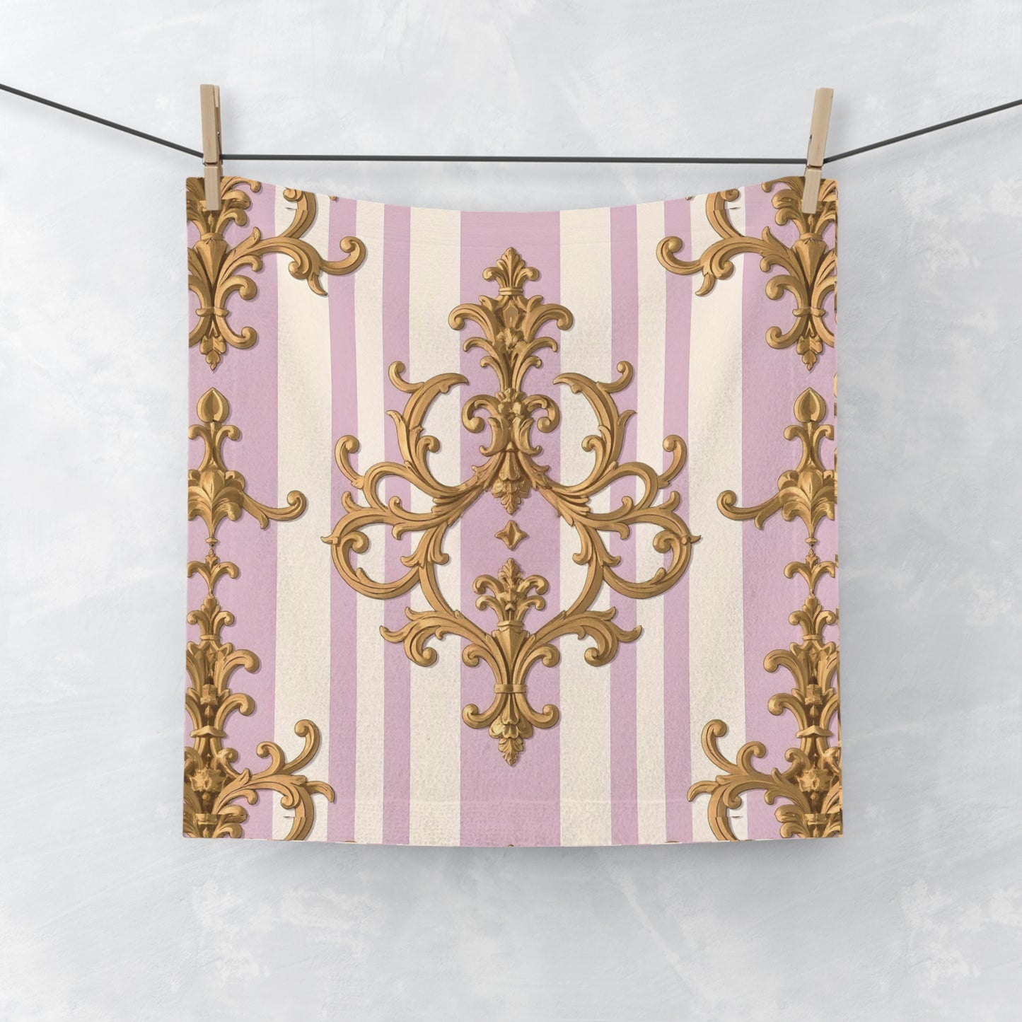 Elegant Floral Face Towel - Luxurious Spa Gift, Bathroom Decor, Home Essentials, Wedding Favors, Self-Care - Lilac & Alabaster Striped Gold Baroque