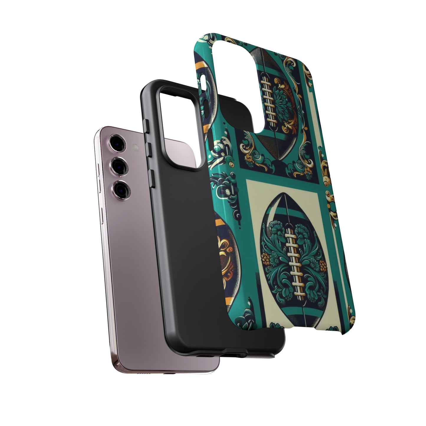 Elegant Floral Motif Phone Case - Tough Cases with Vintage Design -  Damask Teal, Gold & Black Footballs