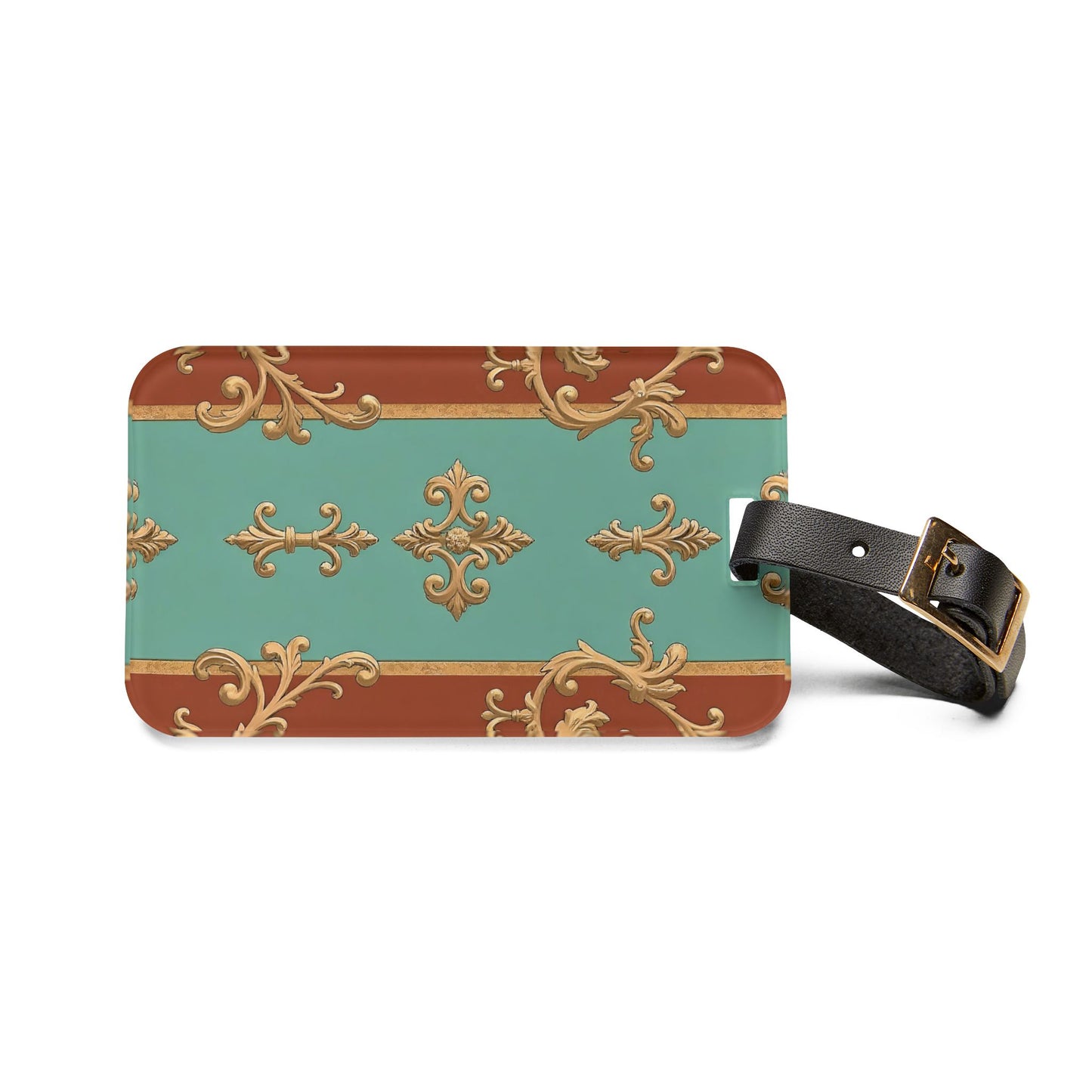 Elegant Vintage Luggage Tag - Travel Accessory with Ornate Design - Rust & Mint Aqua Striped Baroque