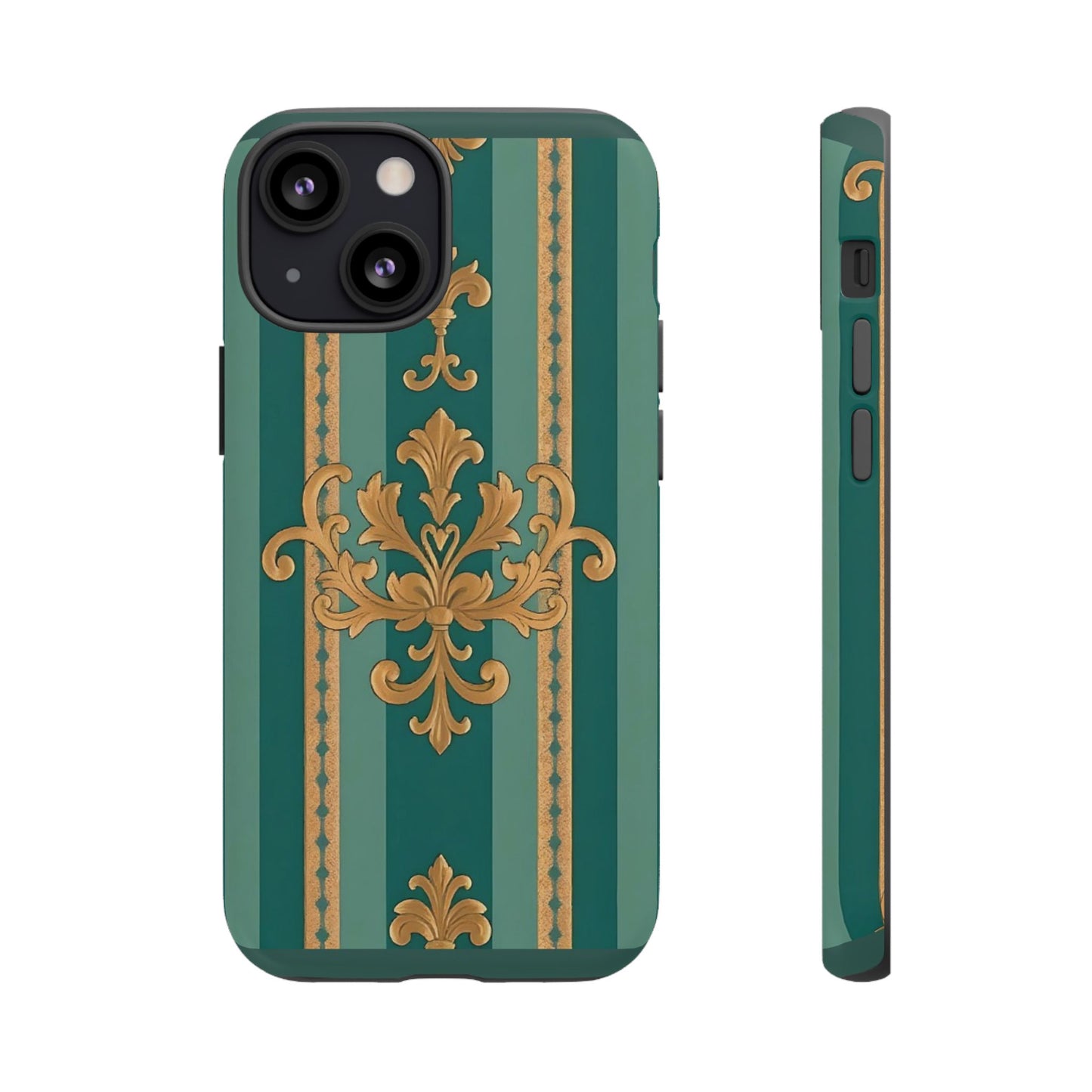Elegant Floral Motif Phone Case - Tough Cases with Vintage Design - Teal Striped Gold Damask