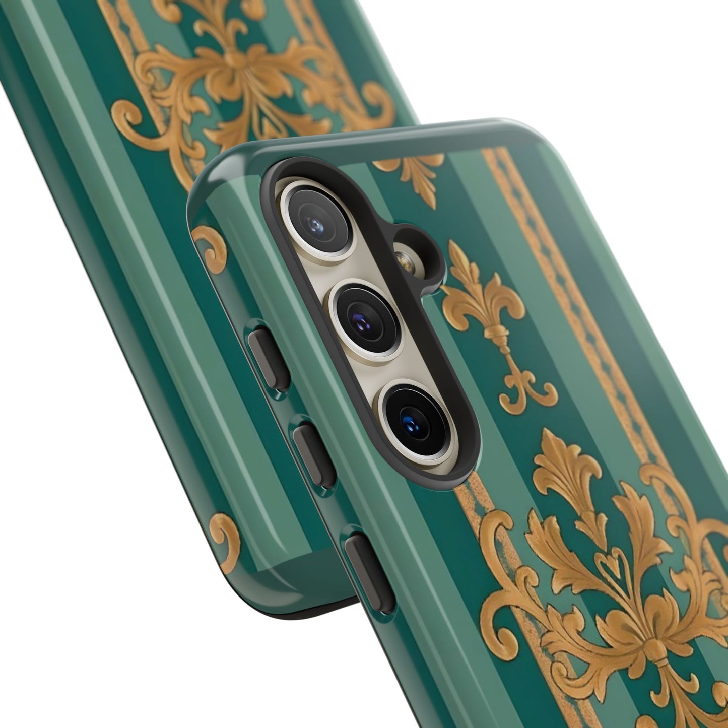 Elegant Floral Motif Phone Case - Tough Cases with Vintage Design - Teal Striped Gold Damask