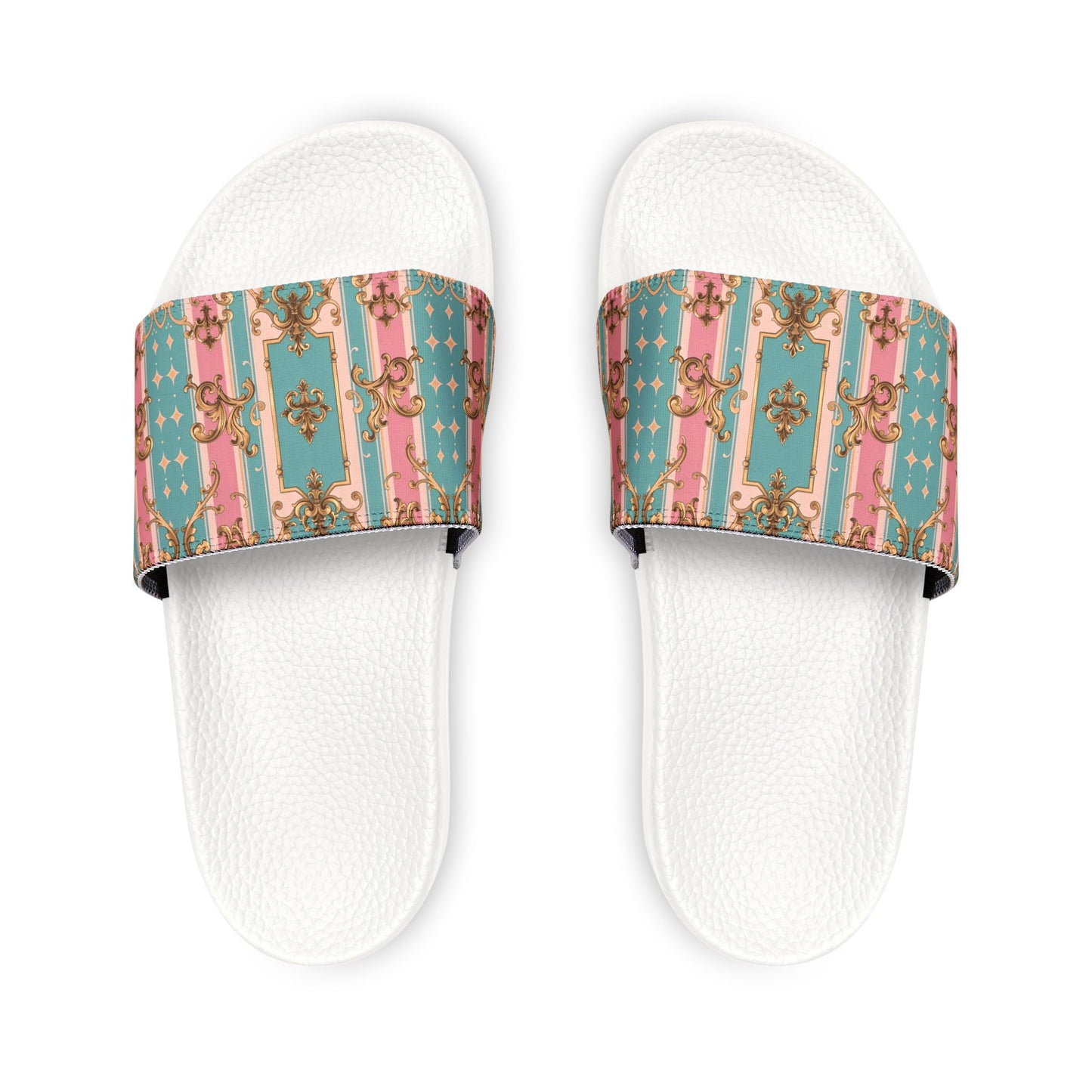 Stylish Women's Removable-Strap Sandals, Trendy Summer Footwear, Comfortable Beach Slides - Pink & Matte Turquoise Striped Rococo