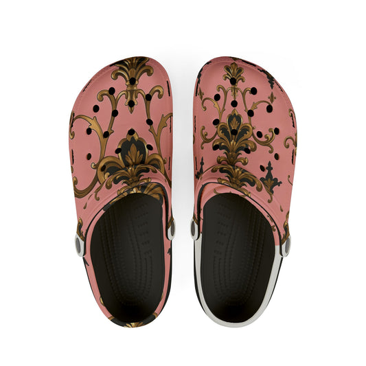 Stylish Floral EVA Clogs - Comfortable Slip-Ons, Trendy Footwear for Home - Pink, Black & Gold Rococo