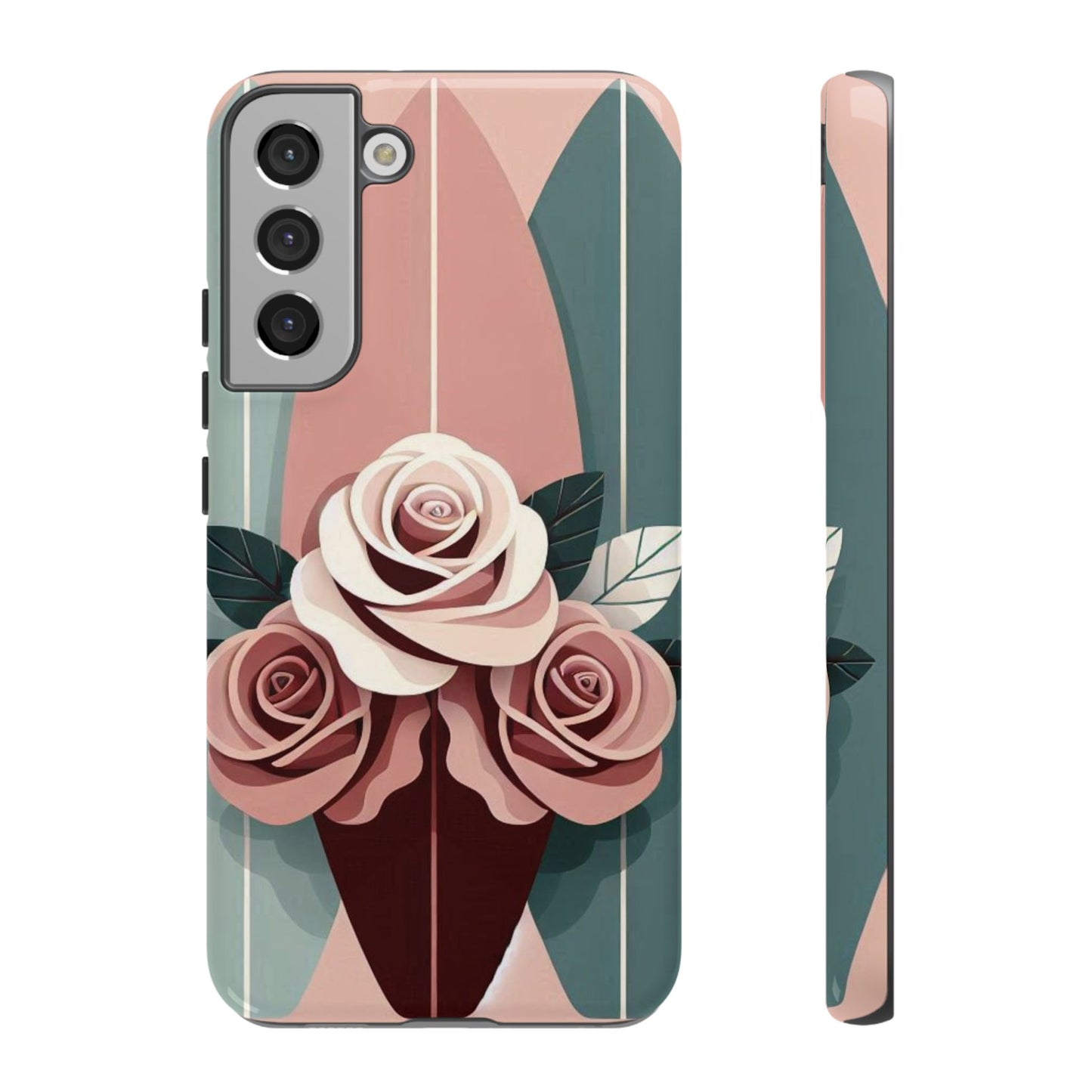 Phone Case - Burgundy, Matte Mauve & Teal Surfboard & Roses Design