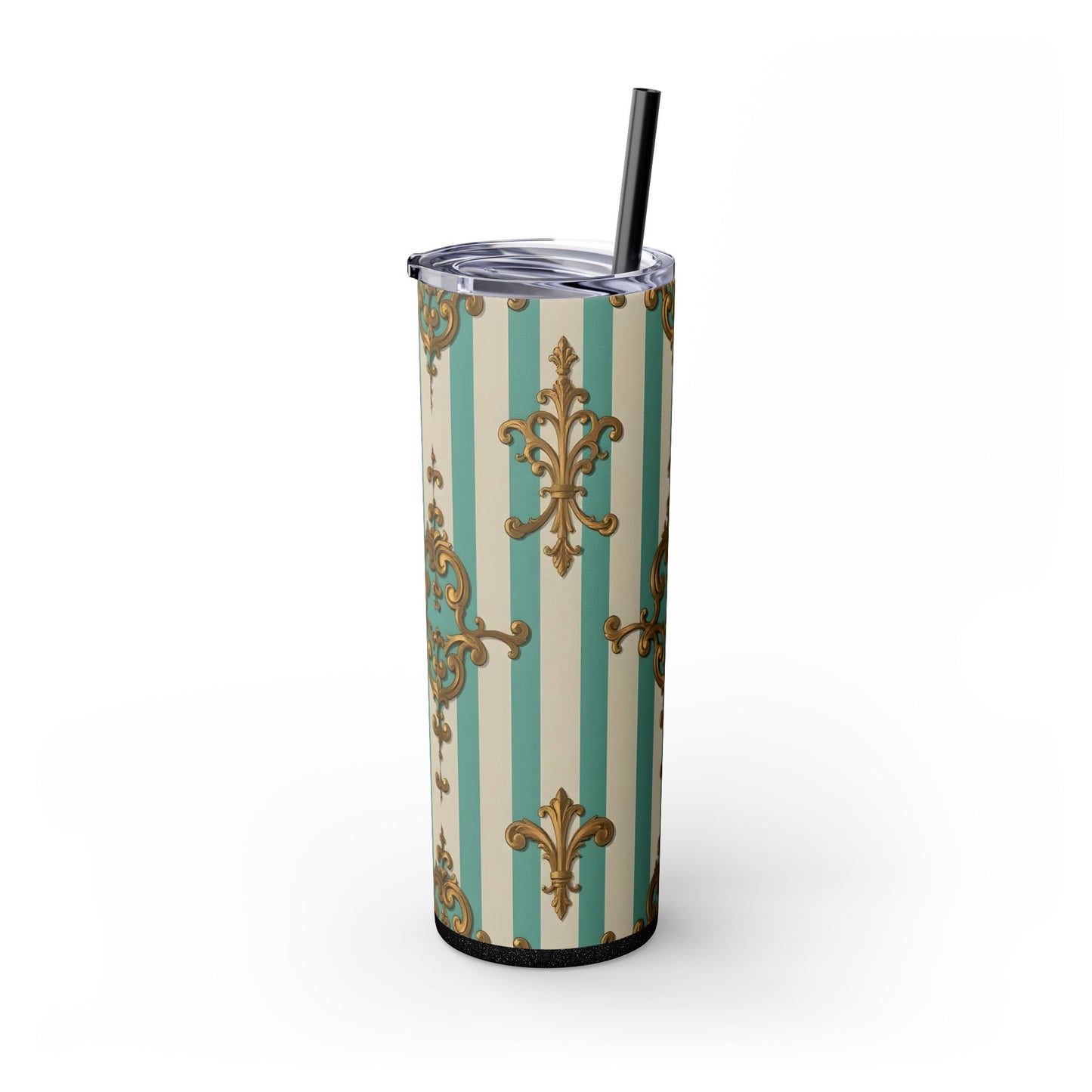 Elegant Vintage Skinny Tumbler with Straw, 20oz, Stylish Drinkware, Perfect Gift for Home, Coffee Lovers - Matte Green Striped Rococo