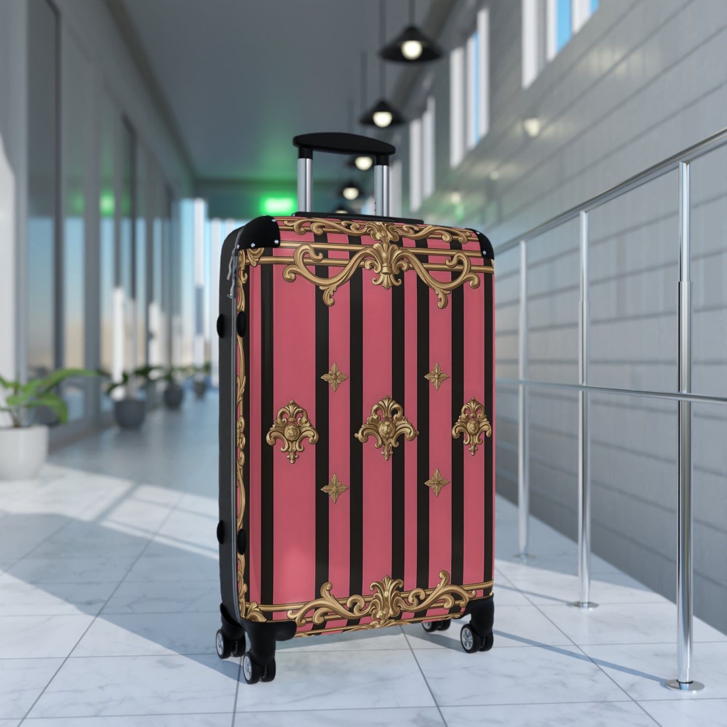 Chic Travel Suitcase for Fashionable Adventurers - Stylish Luggage, Pink Travel Bag, Unique Suitcase, Trendy Carry-On - Pink Striped Gold Rococo