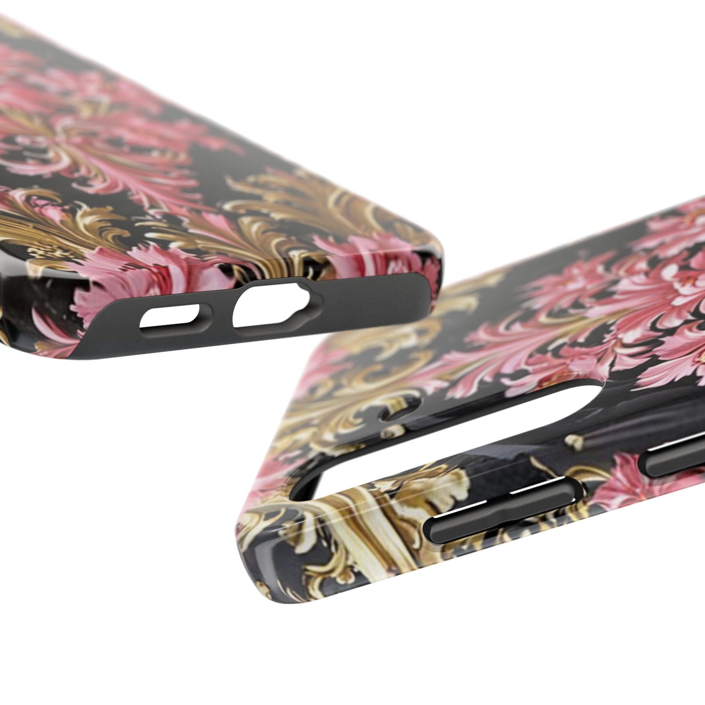 Elegant Floral Tough Phone Cases | Stylish Protection for Her | Gift for Birthdays - Black & Pink Oil Painting Style Rococo