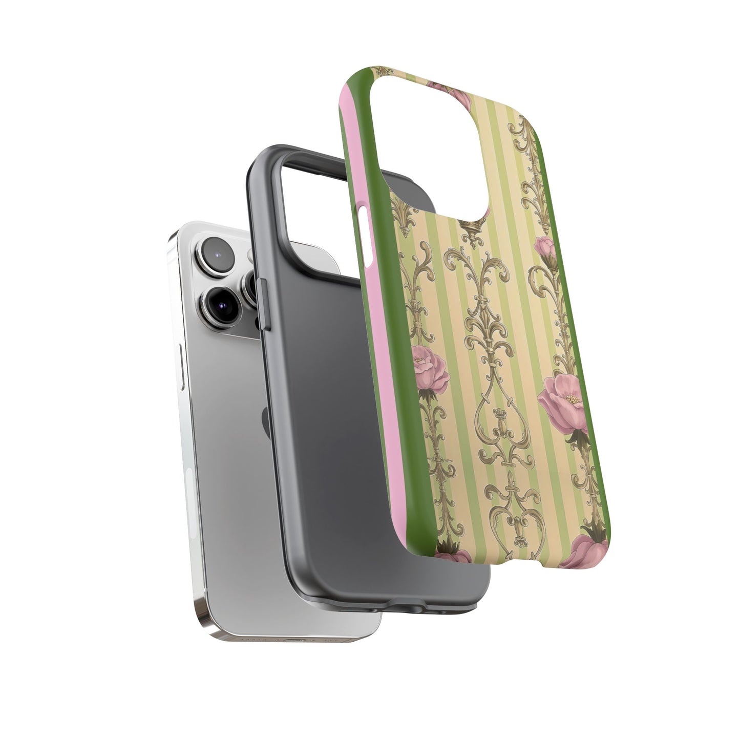 Elegant Floral Motif Phone Case - Tough Cases with Vintage Design - Lime Green & Pink Striped Damask