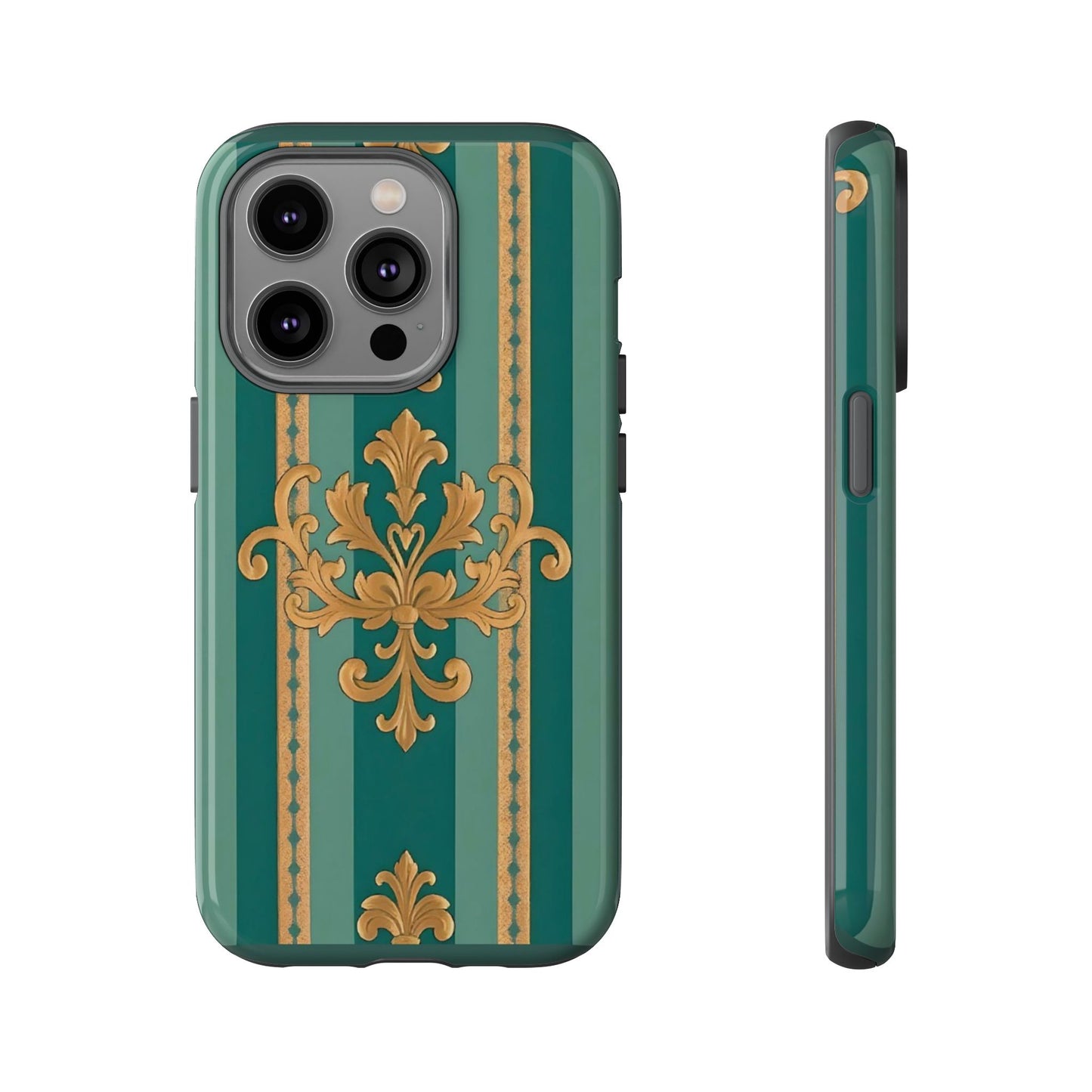 Elegant Floral Motif Phone Case - Tough Cases with Vintage Design - Teal Striped Gold Damask