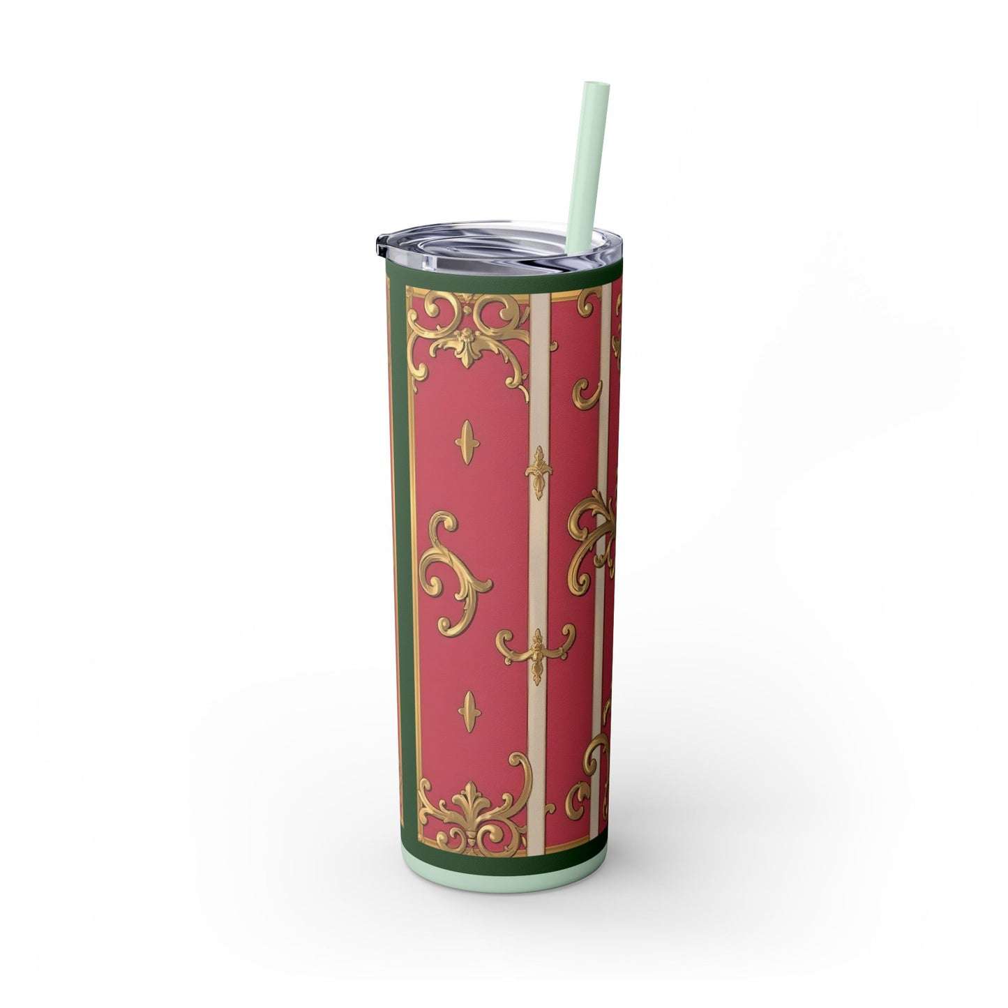 Elegant Green Border Pink Striped Baroque Skinny Tumbler with Straw, Reusable Travel Mug, Gift for Her, Fashionable Drinkware
