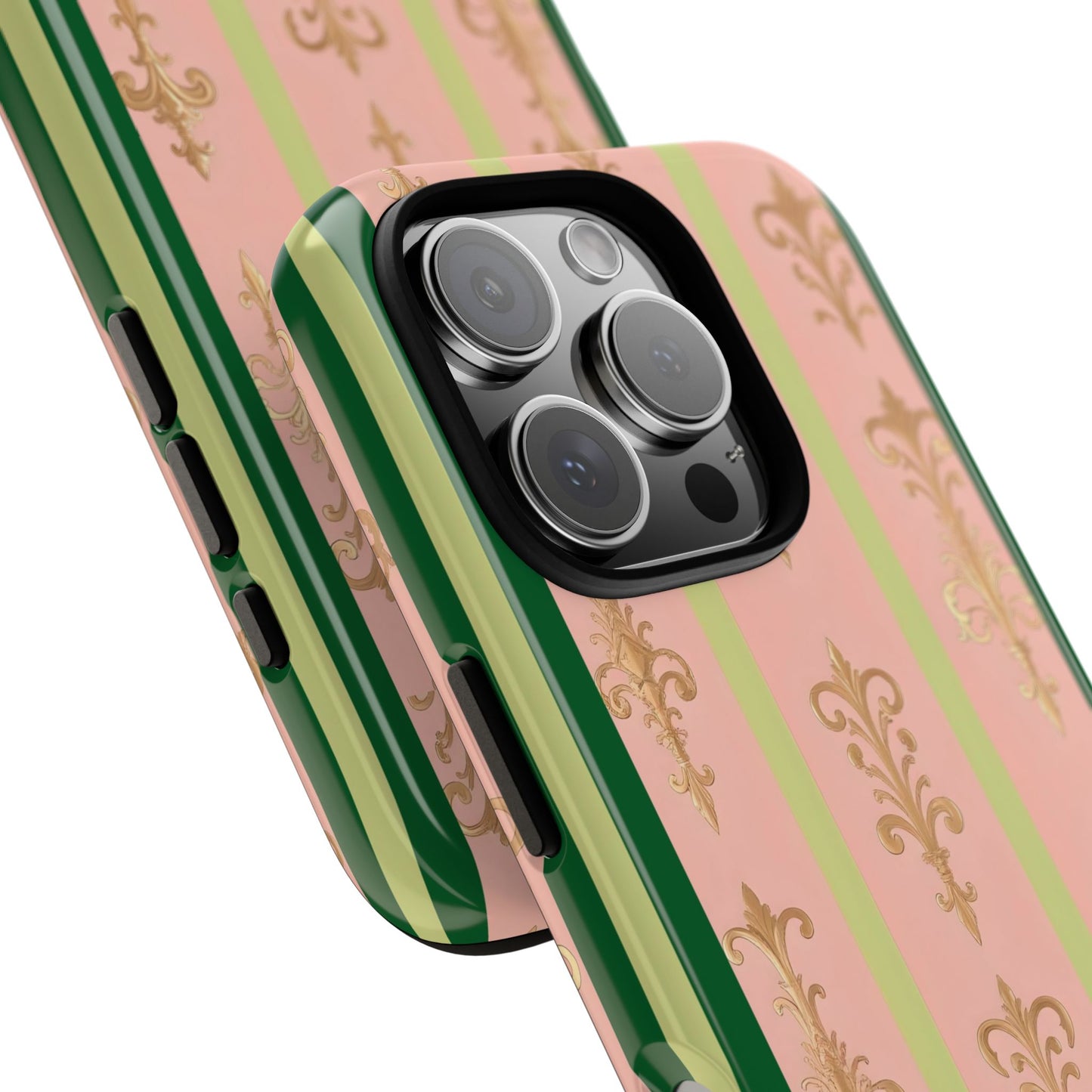 Elegant Floral Motif Phone Case - Tough Cases with Vintage Design - Lime Green & Pink Striped Damask