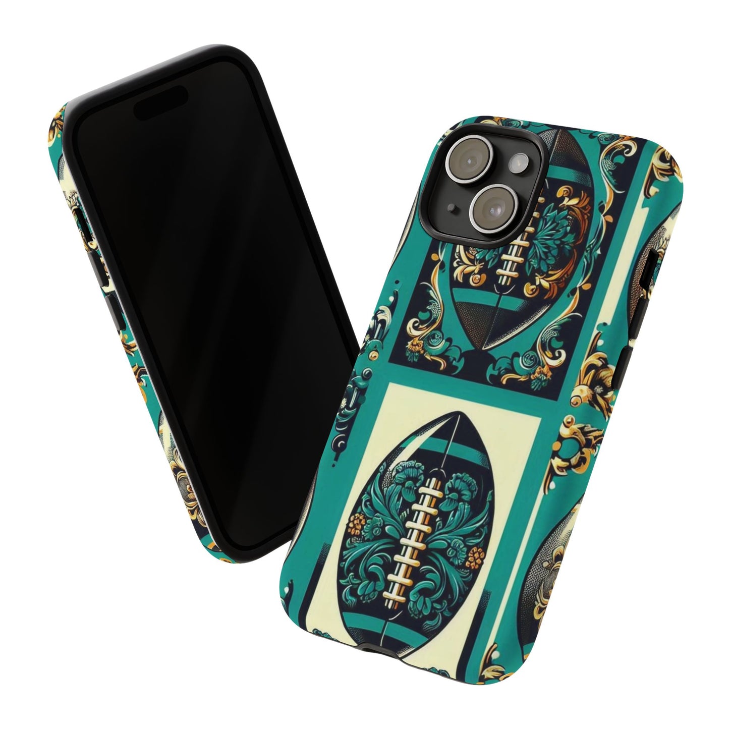 Elegant Floral Motif Phone Case - Tough Cases with Vintage Design -  Damask Teal, Gold & Black Footballs