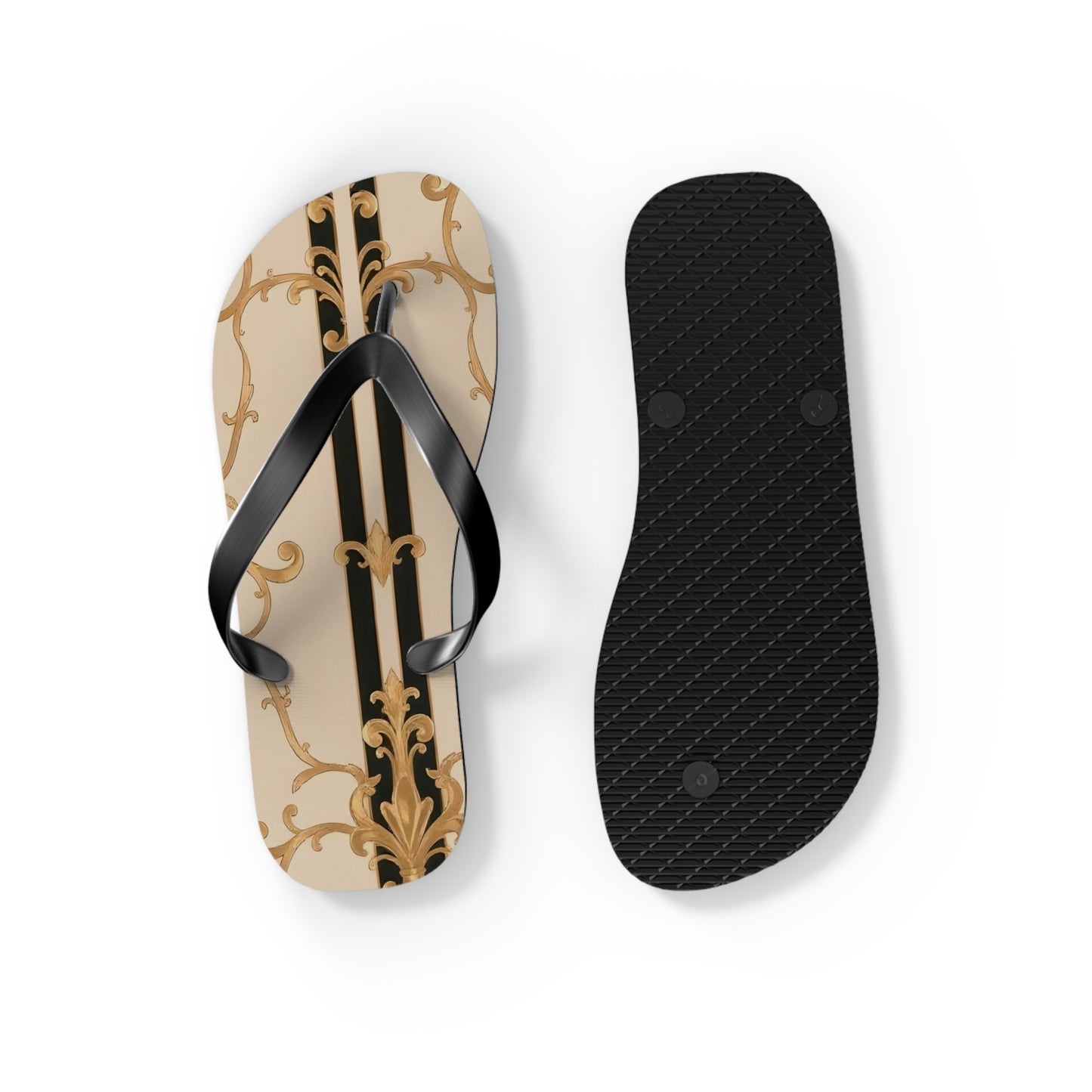 Chic Floral Flip Flops | Stylish Summer Sandals for Beach, Pool, Vacation, Travel, Fun In The Sun - Black & Beige Striped Damask